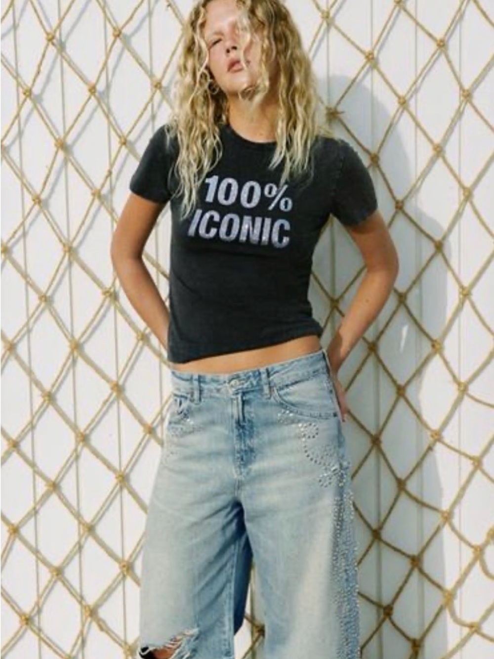 Zara Black Short Sleeve Tee with Blue "100% ICONIC" Graphic